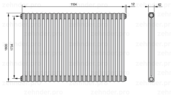 Схема (чертеж) Радиатор Zehnder Charleston 2180/24 №1270 Белый глянцевый RAL 9016